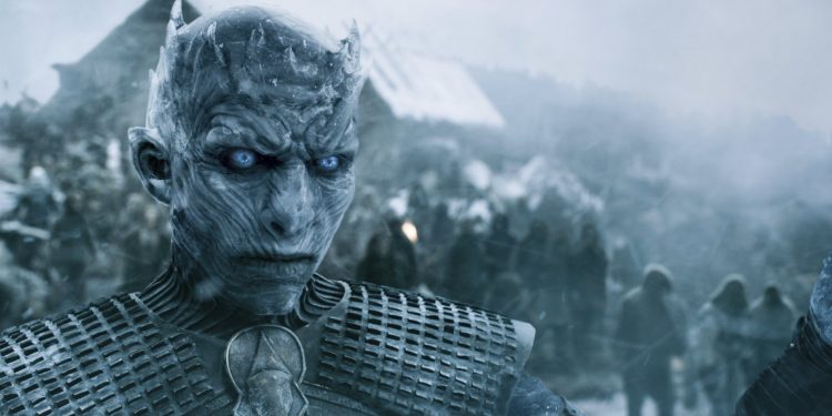 This image released by HBO shows Vladimir Furdik as The Night King on the season finale of "Game of Thrones." The final season premieres on Sunday. (HBO via AP)