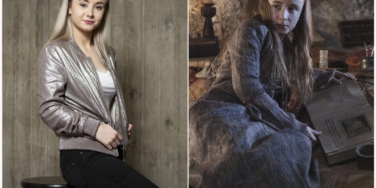 This combination of photos shows actress Kerry Ingram posing during a portrait session in Los Angeles on March 29, 2019, left, and Ingram in character as Shireen Baratheon from the HBO series "Game of Thrones." The final season of the series premieres on Sunday. (AP Photo, left, and HBO via AP)