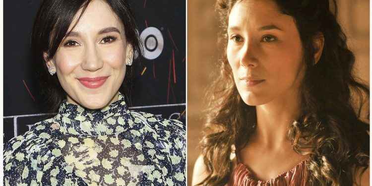 This combination of photos shows actress Sibel Kekilli at the season eight premiere of "Game of Thrones," in New York on April 3, 2019, left, and Kekilli in character as Shae. The final season of the series premiered on Sunday. (AP Photos by Starpix, left, and HBO)