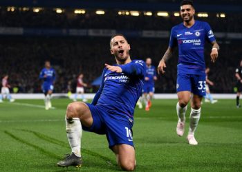 Eden Hazard celebrates after scoring the first goal for Chelsea against West Ham