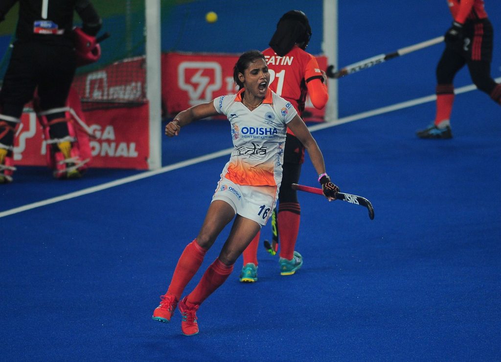 Vandana Katariya celebrates after scoring against Malaysia - Indian Women's hockey team