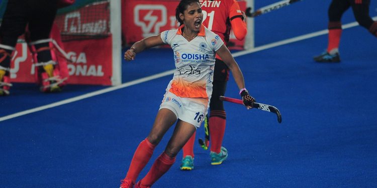 Vandana Katariya celebrates after scoring against Malaysia - Indian Women's hockey team