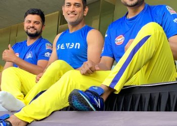 (From L) Suresh Raina, MS Dhoni and Harbhajan Singh share a light moment during Chennai Super Kings’ training session at Wankhade Stadium, Tuesday   