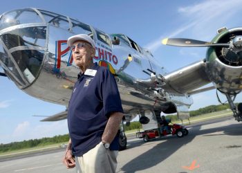 In this April 16, 2013 file photo, Doolittle Raider Lt. Col. Dick Cole, stands in front of a B-25 at the Destin Airport in Destin, Fla. before a flight as part of the Doolittle Raider 71st Anniversary Reunion. Retired Lt. Col. Richard "Dick" Cole, the last of the 80 Doolittle Tokyo Raiders who carried out the daring U.S. attack on Japan during World War II, has died at a military hospital in Texas. He was 103. A spokesman says Cole died Tuesday, April 9, 2019, at Brooke Army Medical Center in San Antonio, Texas. (Nick Tomecek/Northwest Florida Daily News via AP)
