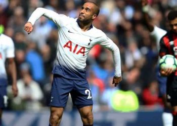 Lucas Moura of Tottenham Hotspur celebrates after one of his goals against Huddersfield, Saturday