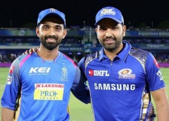 Rajasthan Royals skipper Ajinkya Rahane (left) with his Mumbai Indians counterpart Rohit Sharma. (Image: BCCI)