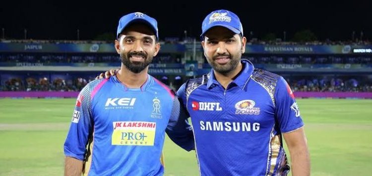 Rajasthan Royals skipper Ajinkya Rahane (left) with his Mumbai Indians counterpart Rohit Sharma. (Image: BCCI)