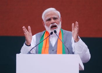 NEW DELHI, APR 8 (UNI):- Prime Minister Narendra Modi addressing a gathering after releasing the BJP Sankalp Patra (Manifesto) for Lok Sabha Elections-2019, in New Delhi on Monday. UNI PHOTO-DK8U