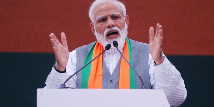 NEW DELHI, APR 8 (UNI):- Prime Minister Narendra Modi addressing a gathering after releasing the BJP Sankalp Patra (Manifesto) for Lok Sabha Elections-2019, in New Delhi on Monday. UNI PHOTO-DK8U