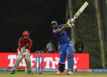 Kieron Pollard plays a shot during his knock against KXIP, Wednesday