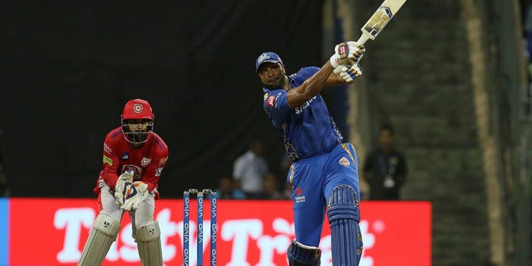 Kieron Pollard plays a shot during his knock against KXIP, Wednesday