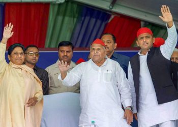 From (L) Mayawati, Mulayam Singh Yadav and Akhilesh Singh Yadav at an election rally, Friday