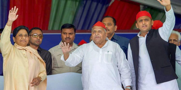 From (L) Mayawati, Mulayam Singh Yadav and Akhilesh Singh Yadav at an election rally, Friday