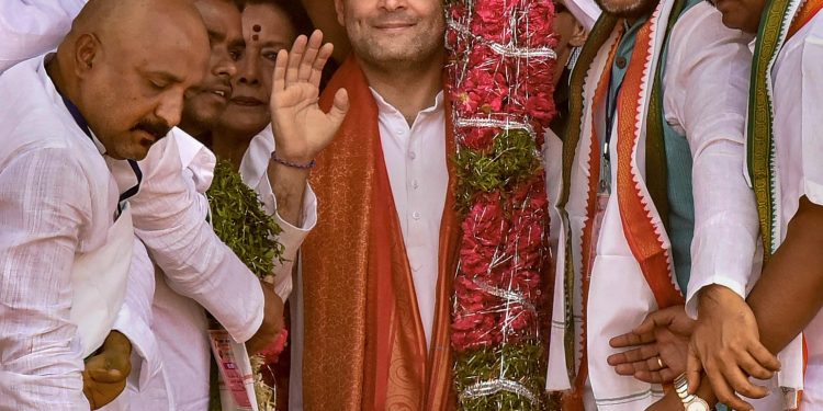 Zaheerabad: Telangana Congress leaders welcome Congress President Rahul Gandhi during a public rally, ahead of the Lok Sabha elections, at Zaheerabad, Telangana, Monday, April 01, 2019. (PTI Photo).(PTI4_1_2019_000059B)