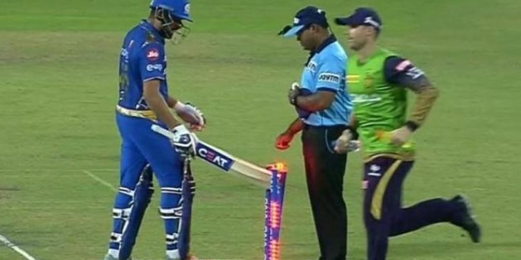 Rohit, after being adjudged LBW during the second innings Sunday when his side was chasing a massive 233 against KKR at the Eden Gardens, broke the stumps with his bat.