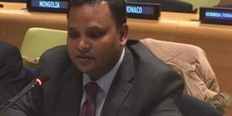 Counsellor in India's Permanent Mission to the UN Ashish Sinha speaks at the ECOSOC Forum