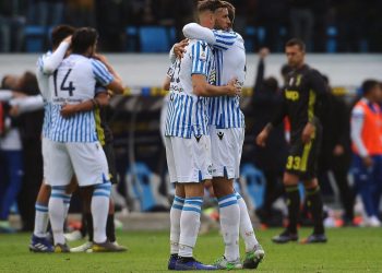 SPAL players celebrate their win over Juventus, Saturday