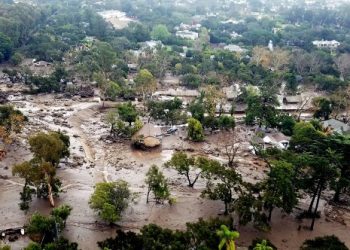 This Jan. 10, 2018, file aerial photo provided by the Santa Barbara County Fire Department shows mudflow and damage to homes in Montecito, California. (Matt Udkow/Santa Barbara County Fire Department via AP)