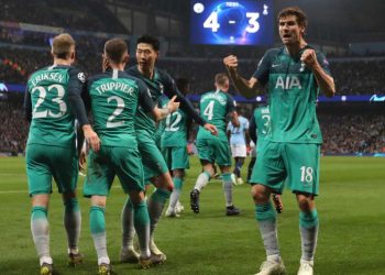 Tottenham Hotspur players celebrate after sealing a place in the semifinal of the Champions League, Wednesday