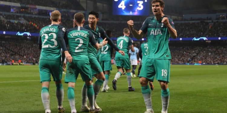 Tottenham Hotspur players celebrate after sealing a place in the semifinal of the Champions League, Wednesday