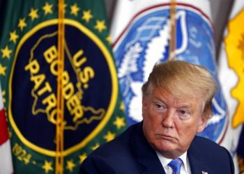 President Donald Trump participates in a roundtable on immigration and border security at the U.S. Border Patrol Calexico Station in Calexico, Calif., Friday April 5, 2019. Trump headed to the border with Mexico to make a renewed push for border security as a central campaign issue for his 2020 re-election. (JACQUELYN MARTIN/AP)