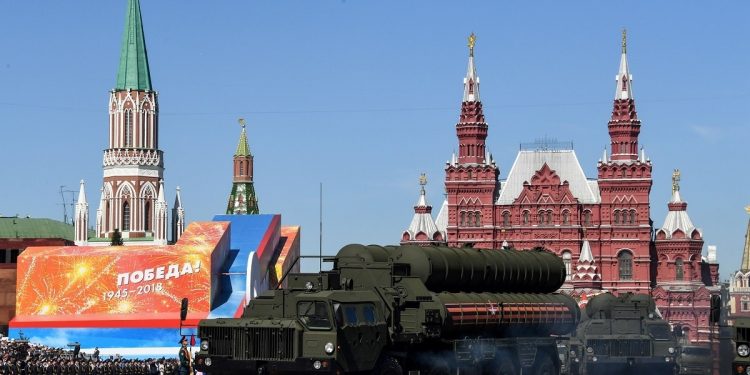 Russia's S-400 air-defense systems ride through Red Square during the Victory Day military parade in Moscow on May 9, 2018. (Kirill Kudryavtsev/AFP via Getty Images)
