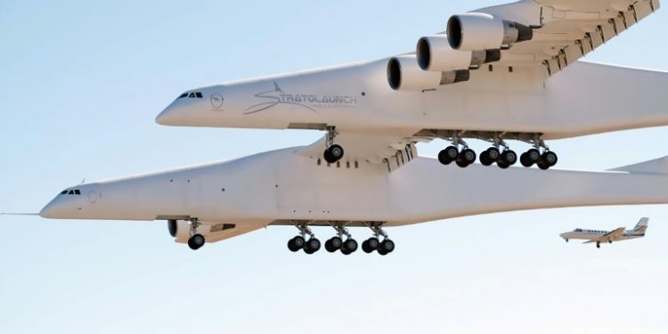 The Stratolaunch is designed to carry into space, and drop, a rocket that would in turn ignite to deploy satellites (AFP)
