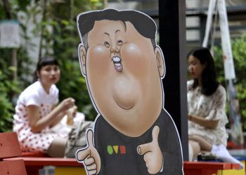 A caricature depicting North Korean leader Kim Jong Un is displayed in Seoul, South Korea, Sunday, May 26, 2019. In an apparent contradiction of his national security adviser, President Donald Trump on Sunday downplayed recent North Korean missile tests, tweeting from Tokyo that they're not a concern for him in comments sure to unnerve Japanese leaders. (AP Photo/Ahn Young-joon)