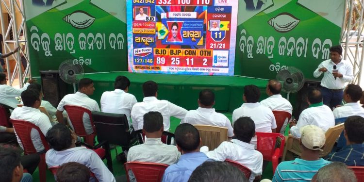 BJD workers at the party office watching the election results on a large screen