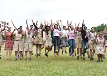 Students of Buxi Jagabandhu English Medium school celebrate the CBSE class 12 exam results.