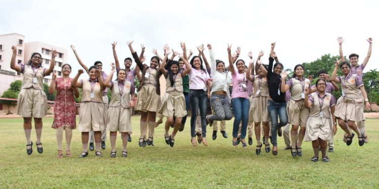 Students of Buxi Jagabandhu English Medium school celebrate the CBSE class 12 exam results.