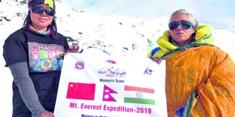Kalpana Das (right) along with Kanchhi Maya Tamang at Everest base camp. Courtesy: Dreamers destination treks