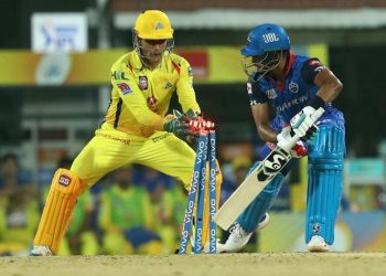 MS Dhoni in action against Delhi Capitals, Wednesday.