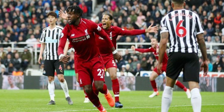 Divock Origi celebrates after scoring the match-winner for Liverpool against Newcastle United, Saturday