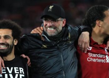 Juergen Klopp along with other Liverpool players celebrate Liverpool’s astonishing win over Barcelona in the Champions League, Tuesday