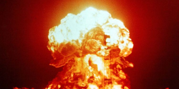 A nuclear explosion April 18, 1953, as part of Operation Upshot-Knothole nuclear test series, at the US’s Nevada Test Site