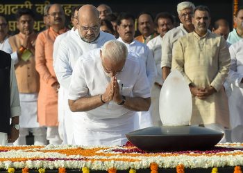 Prime Minister Narendra Modi and BJP president Amit Shah at Atal Bihari Vajpayee’s memorial, Thursday