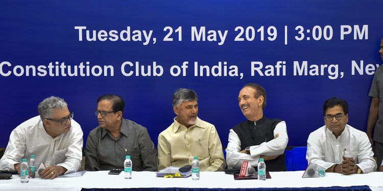 Andhra Pradesh Chief Minister N Chandrababu Naidu, senior Congress leader Ghulam Nabi Azad, Samajwadi Party Principal General Secretary Ram Gopal Yadav, Bahujan Samaj Party leader Satish Chandra Mishra and other party leaders ahead of a meeting with the Election Commission of India, in New Delhi, Tuesday