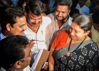 A beaming Smriti Irani with her supporters late Thursday night at Amethi