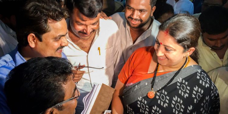 A beaming Smriti Irani with her supporters late Thursday night at Amethi