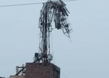 A telecom tower damaged by the severe cyclone Fani