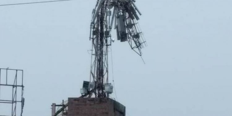 A telecom tower damaged by the severe cyclone Fani