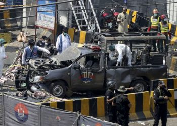 The mangled vehicle of security personnel which took maximum impact of the suicide member attack