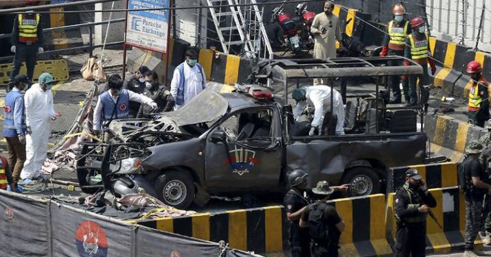 The mangled vehicle of security personnel which took maximum impact of the suicide member attack