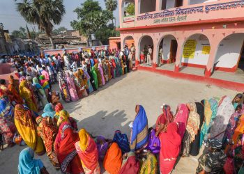 Serpentine queues were noticed at a polling booth in Vaishali constituency of Bihar, Sunday