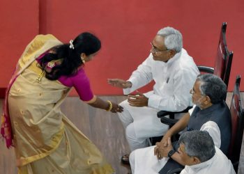 Patna: Bihar Chief Minister Nitish Kumar greets newly-inducted minister Vima Bharti during the swearing-in ceremony for the cabinet expansion of coalition government of NDA, in Patna, Sunday, June 2, 2019. (PTI Photo) (PTI6_2_2019_000031B)