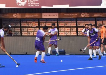 Indian players go through their training drills at the Kalinga Stadium in Bhubaneswar, Thursday