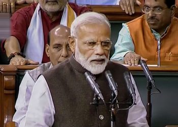 New Delhi: Prime Minister Narendra Modi takes oath as a member of the 17th Lok Sabha, at Parliament House in New Delhi, Monday, June 17, 2019. (LSTV Grab/PTI)  (PTI6_17_2019_000083B)