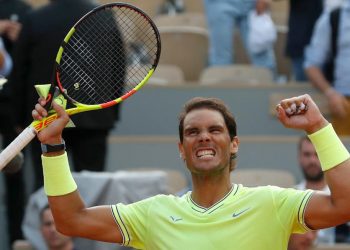 Rafa Nadal celebrates his victory over Roger Federer at Roland Garros, Friday