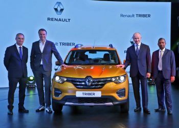 Top officials of the Renault Group (from left) Fabrice Cambolive, Laurens Van Den Acker, Thierry Bollore and Venkatram Mammillapalle at the launch of Triber in New Delhi, Wednesday  